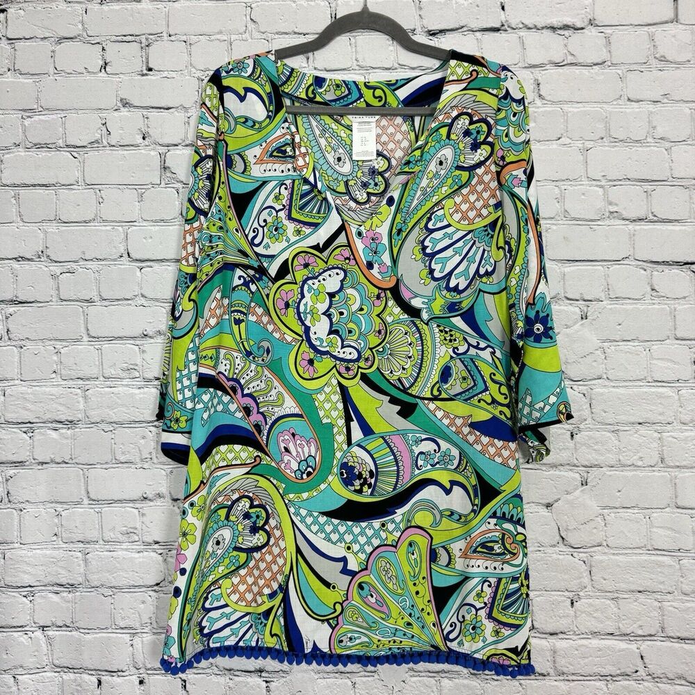 Trina Turk Nomad Paisley Swim Cover Up Dress Size XS Pom Pom Trim Boho